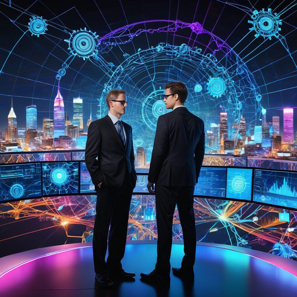 A futuristic digital landscape with holographic cityscapes, interconnected web networks, and digital pathways. In the foreground, a professional figure identified as Richard Male stands confidently, surrounded by symbols of web solutions and web strategies—like gears, graphs, and code snippets. The skyline reflects innovation and technology. super-realistic. vibrant colors. high-tech aesthetic.