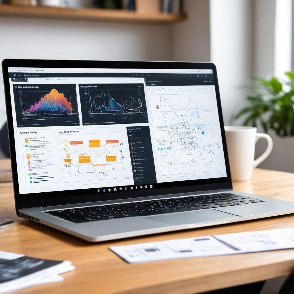 A dynamic, modern workspace scene featuring a computer screen displaying website design software, with sketches and wireframes scattered around. Richard Male, a professional web developer, is seen thoughtfully coding on a sleek laptop. Surrounding elements include vibrant UI mockups, a coffee cup, and a timeline chart showcasing the deployment phase. painting. vibrant colors.